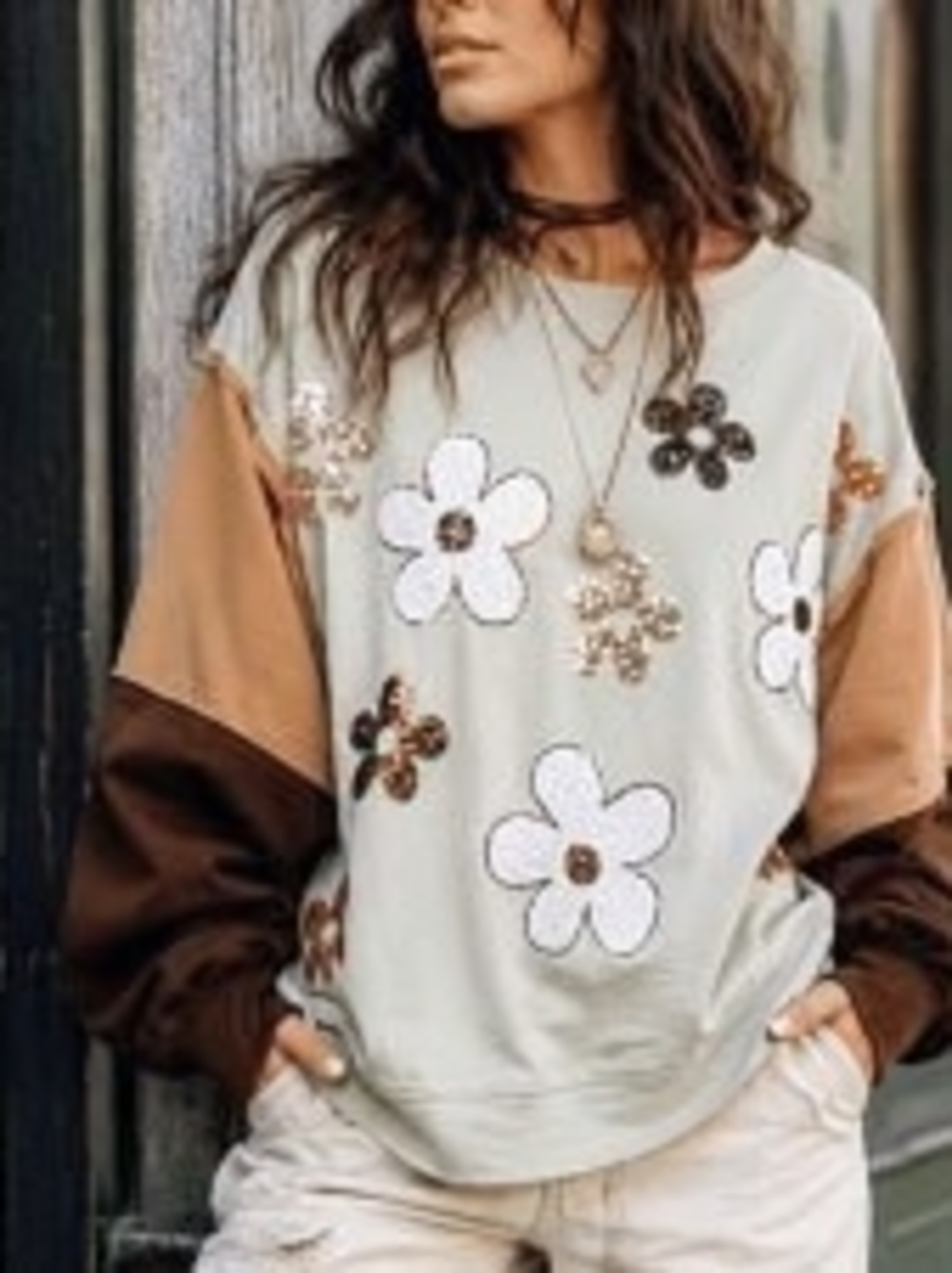 Funky Sequin Retro Floral Sweatshirt - Mint & Brown
